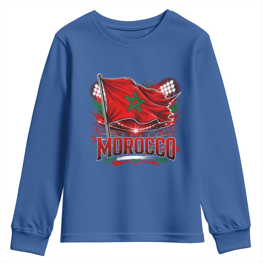 Waving Morocco Flag Stadium Lights Youth Sweatshirt Patriotic Moroccan Soccer Fans TS02 Royal Blue Print Your Wear