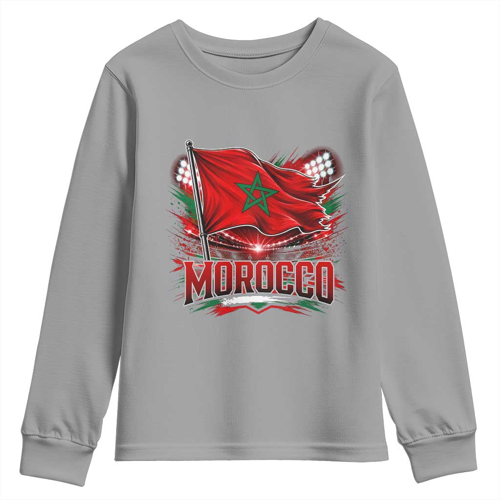 Waving Morocco Flag Stadium Lights Youth Sweatshirt Patriotic Moroccan Soccer Fans TS02 Sport Gray Print Your Wear