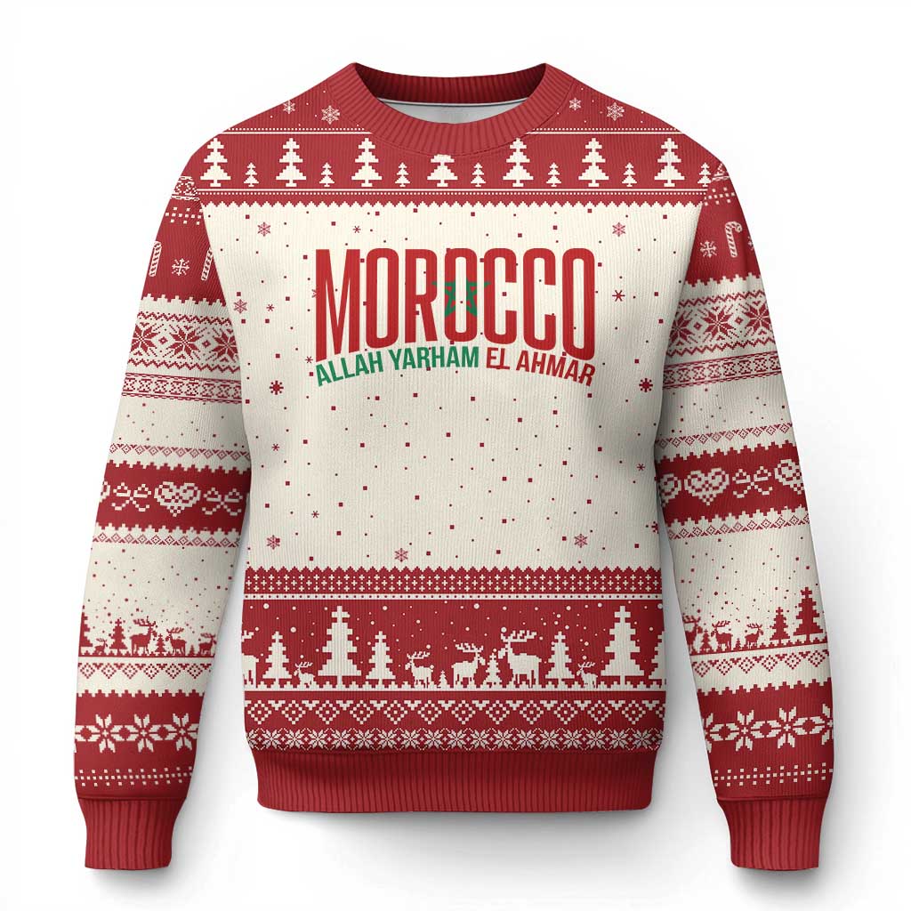Morocco Flag Pride Allah Yarham El Ahmar Ugly Christmas Sweater Moroccan Soccer Football Fans Gift TS02 Beige Red Print Your Wear