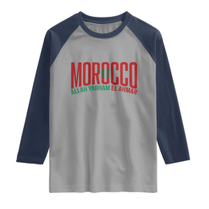 Morocco Flag Pride Allah Yarham El Ahmar Raglan Shirt Moroccan Soccer Football Fans Gift TS02 Sport Gray Navy Print Your Wear