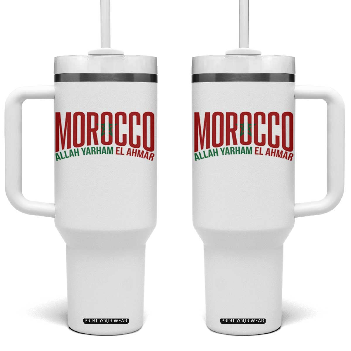 Morocco Flag Pride Allah Yarham El Ahmar Tumbler With Handle Moroccan Soccer Football Fans Gift TS02 One Size: 40 oz White Print Your Wear