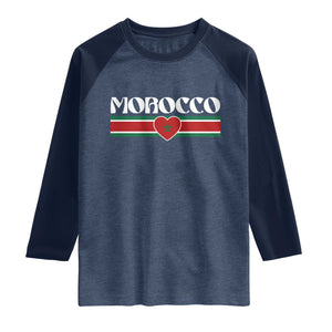 Love Morocco Retro Stripe Graphic Raglan Shirt Maroc Moroccan Flag Heart TS02 Heather Denim Navy Print Your Wear