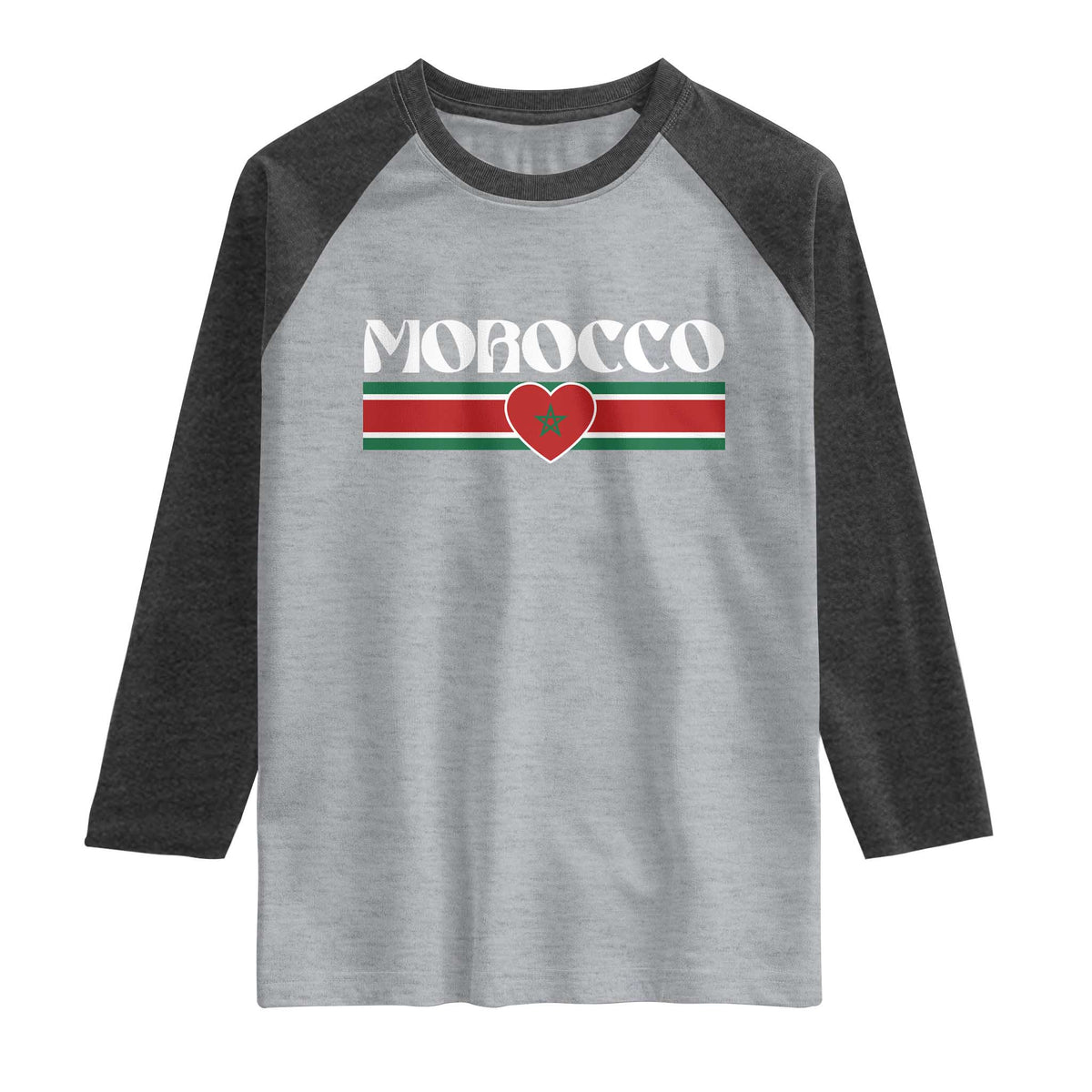 Love Morocco Retro Stripe Graphic Raglan Shirt Maroc Moroccan Flag Heart TS02 Heather Gray Heather Charcoal Print Your Wear
