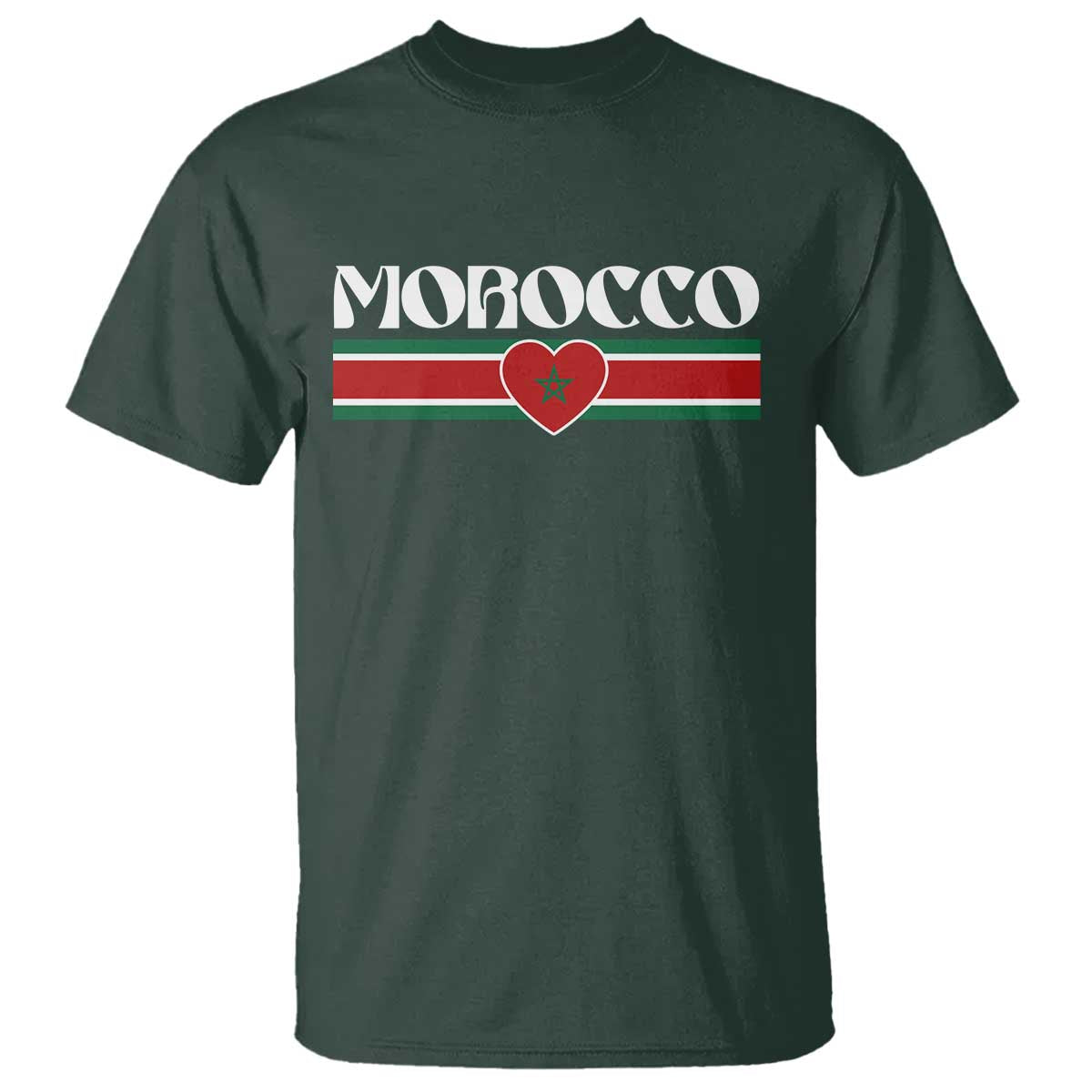Love Morocco Retro Stripe Graphic T Shirt Maroc Moroccan Flag Heart TS02 Dark Forest Green Print Your Wear