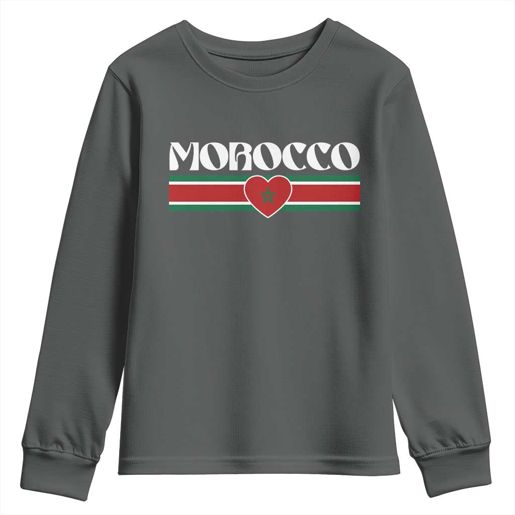 Love Morocco Retro Stripe Graphic Youth Sweatshirt Maroc Moroccan Flag Heart TS02 Dark Heather Print Your Wear