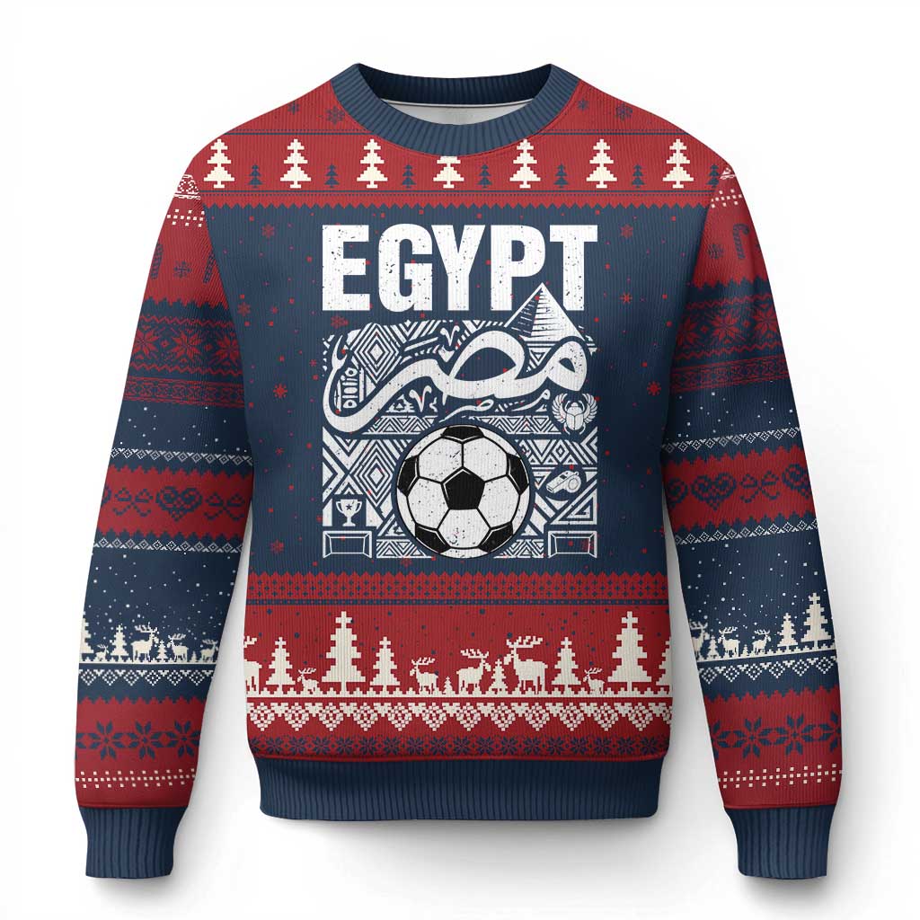 Egypt Soccer Misr Pride Arabic Calligraphy Ugly Christmas Sweater Egyptian Football Fans Ancient Pyramid Heritage Graphic TS02 Navy Red Print Your Wear