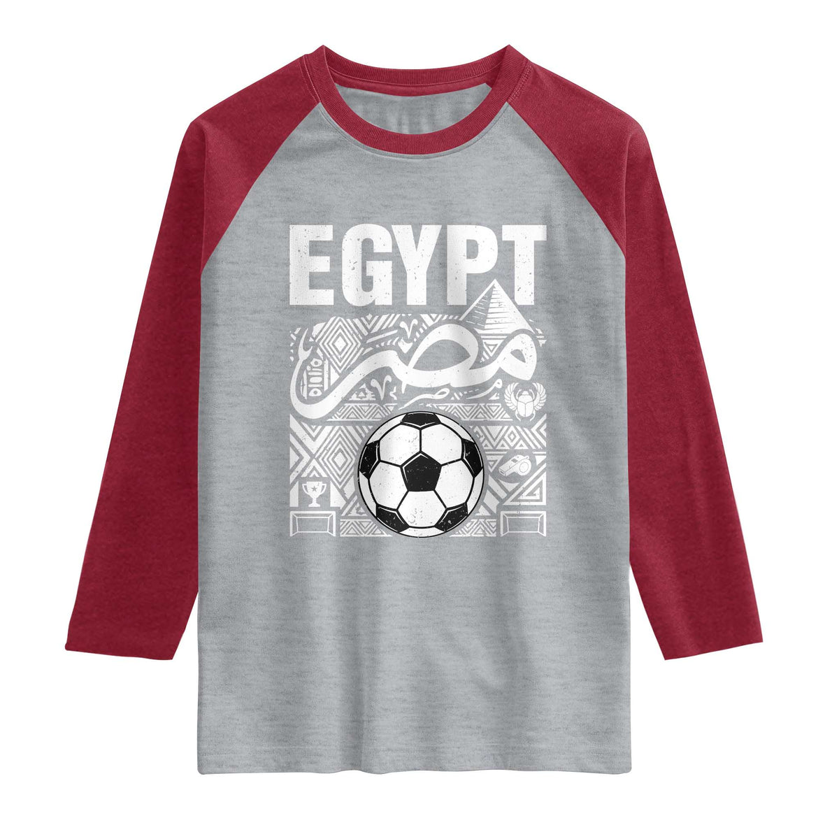 Egypt Soccer Misr Pride Arabic Calligraphy Raglan Shirt Egyptian Football Fans Ancient Pyramid Heritage Graphic TS02 Heather Gray Heather Red Print Your Wear