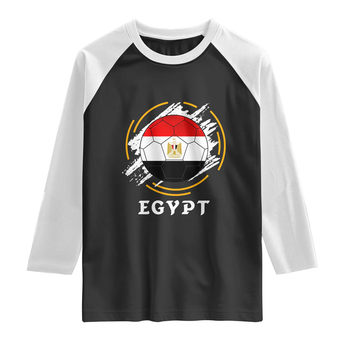 Egyptian Flag Soccer Ball Splatter Graphic Raglan Shirt Egypt Pride Sports Football Fans Match Day TS02 Black White Print Your Wear