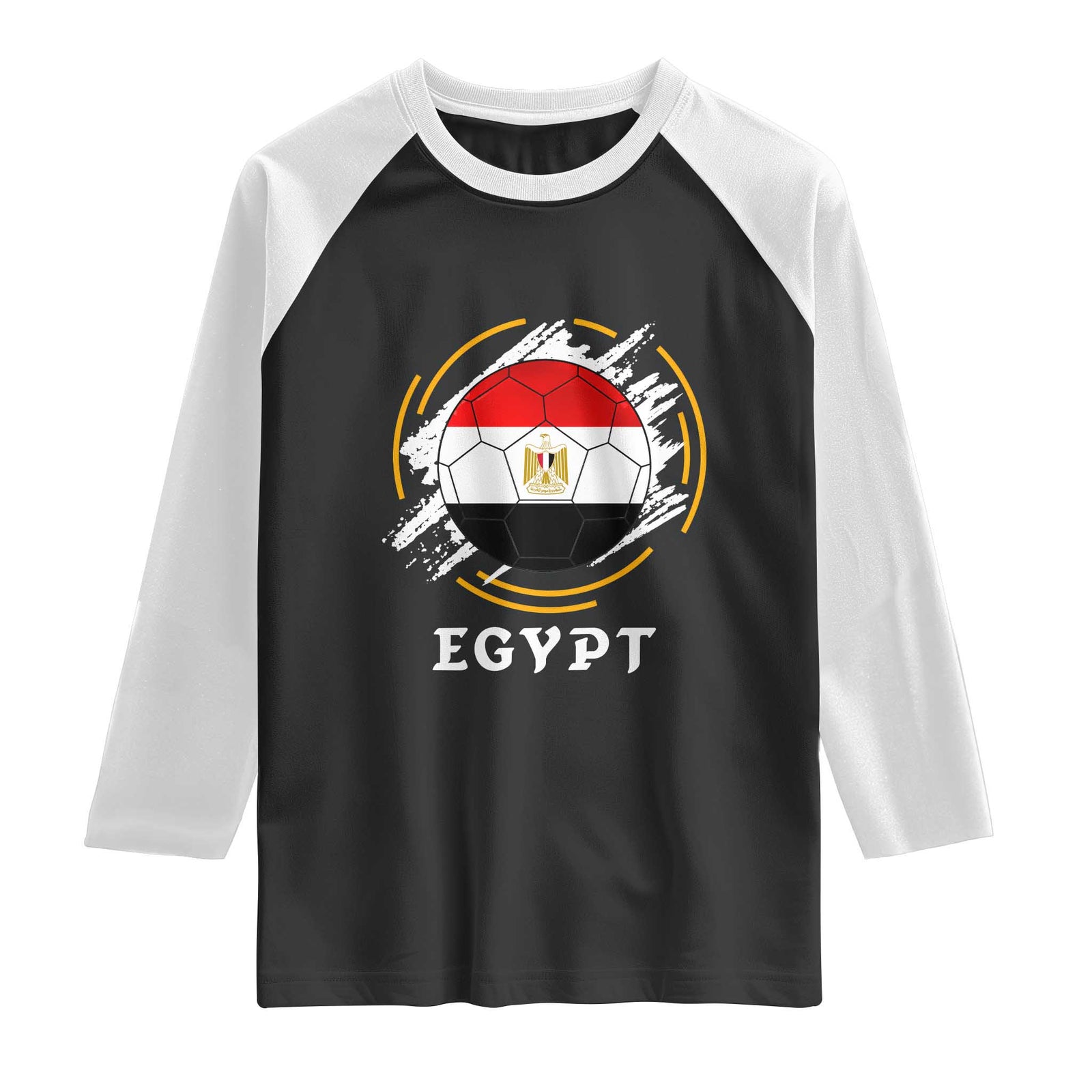 Egyptian Flag Soccer Ball Splatter Graphic Raglan Shirt Egypt Pride Sports Football Fans Match Day TS02 Black White Print Your Wear