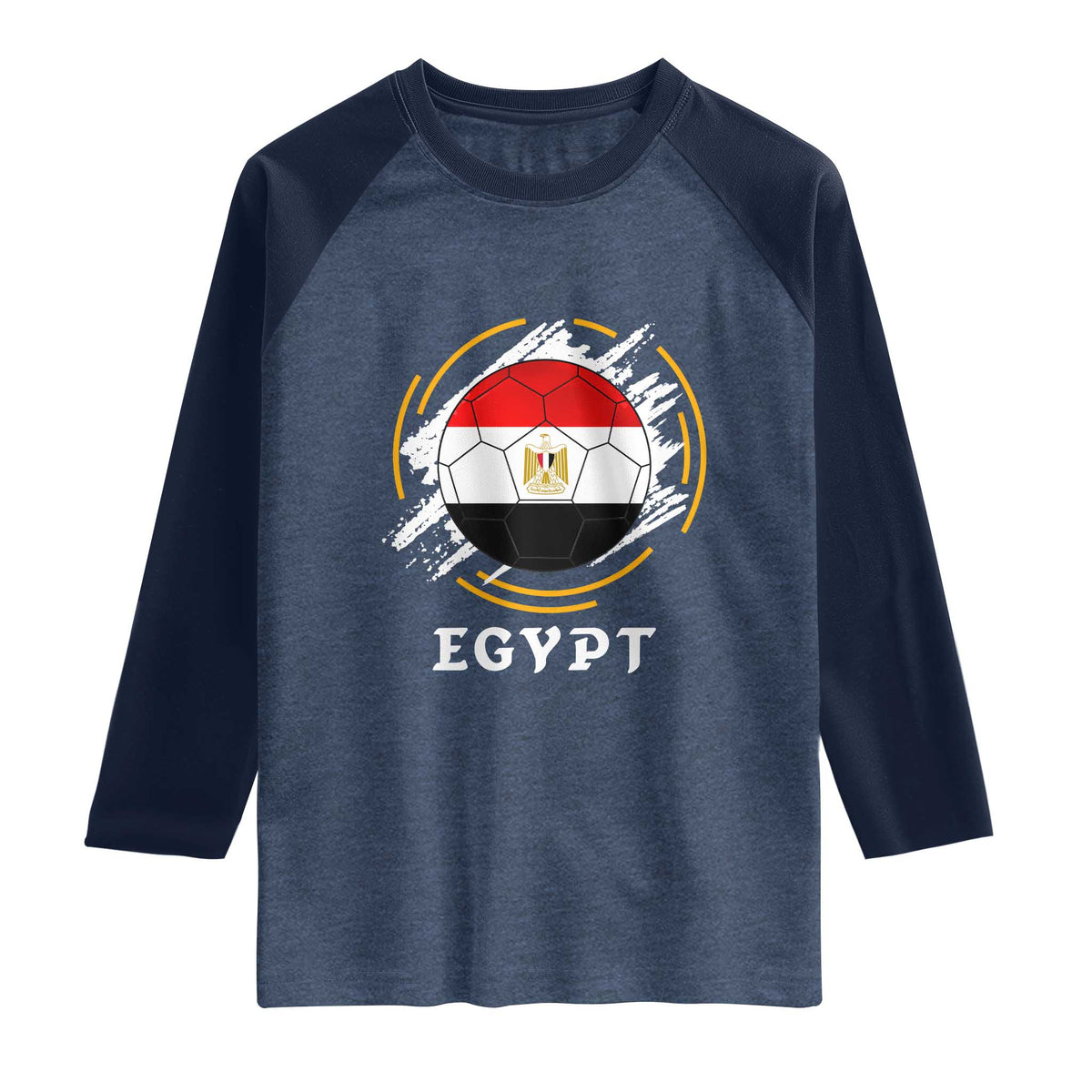 Egyptian Flag Soccer Ball Splatter Graphic Raglan Shirt Egypt Pride Sports Football Fans Match Day TS02 Heather Denim Navy Print Your Wear