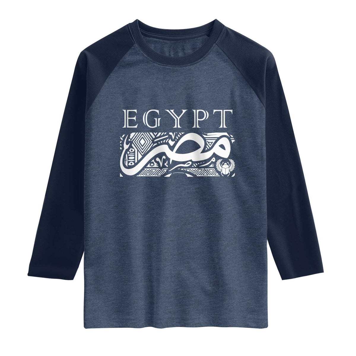 Egypt Misr Arabic Calligraphy Raglan Shirt Vintage Egyptian Heritage Pharaonic Pattern Graphic TS02 Heather Denim Navy Print Your Wear