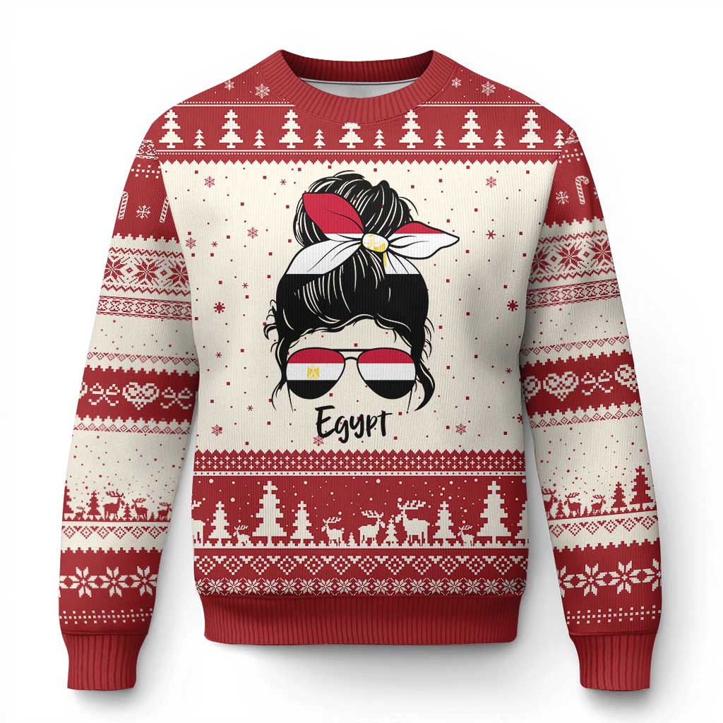 Egyptian Flag Messy Bun Girl Ugly Christmas Sweater Patriotic Egypt Women TS02 Beige Red Print Your Wear
