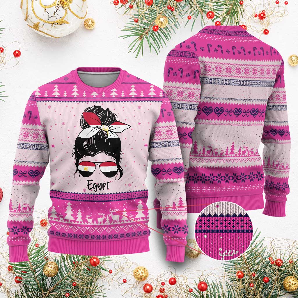Egyptian Flag Messy Bun Girl Ugly Christmas Sweater Patriotic Egypt Women TS02 Print Your Wear