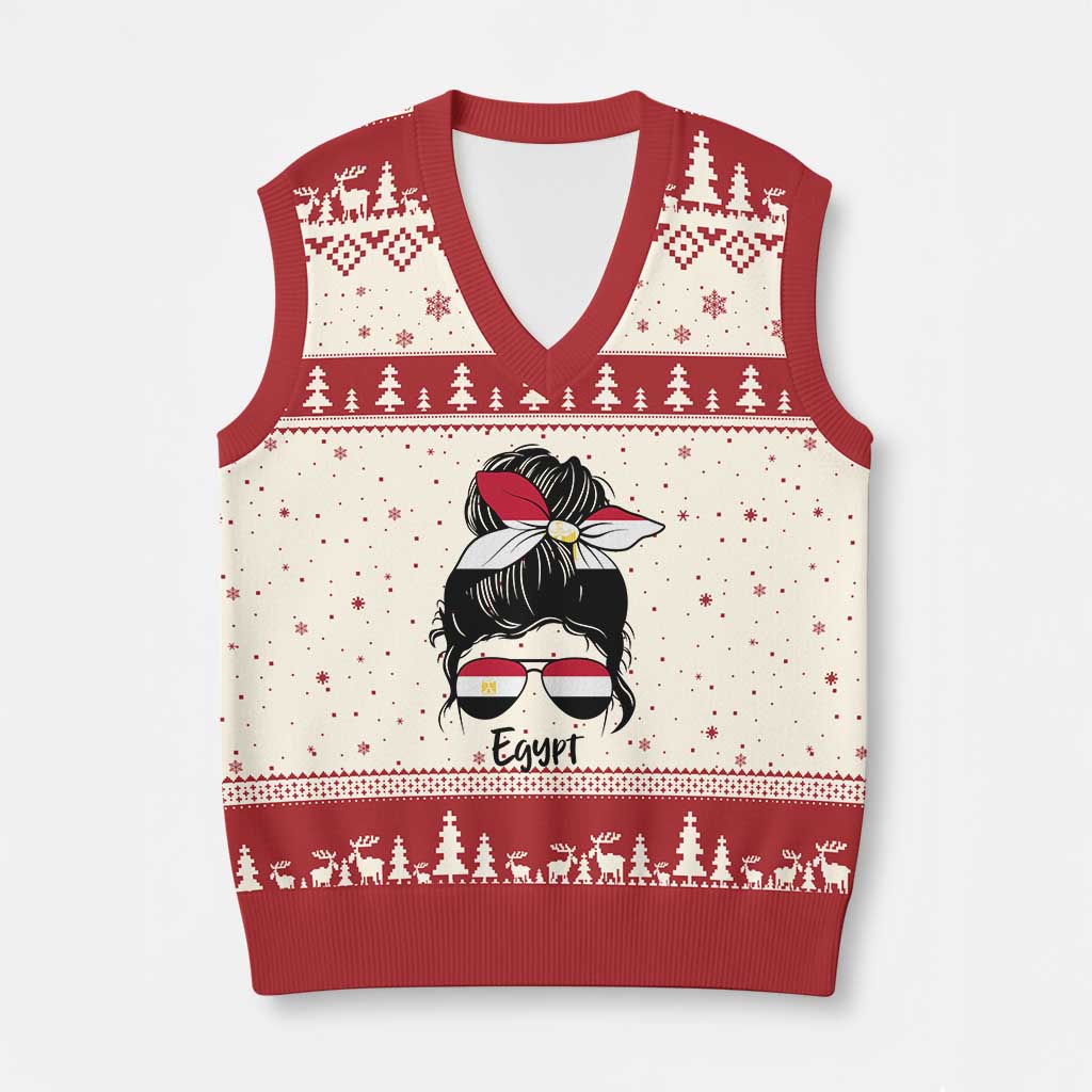 Egyptian Flag Messy Bun Girl V-Neck Knit Sweater Vest Patriotic Egypt Women TS02 Beige Red Print Your Wear