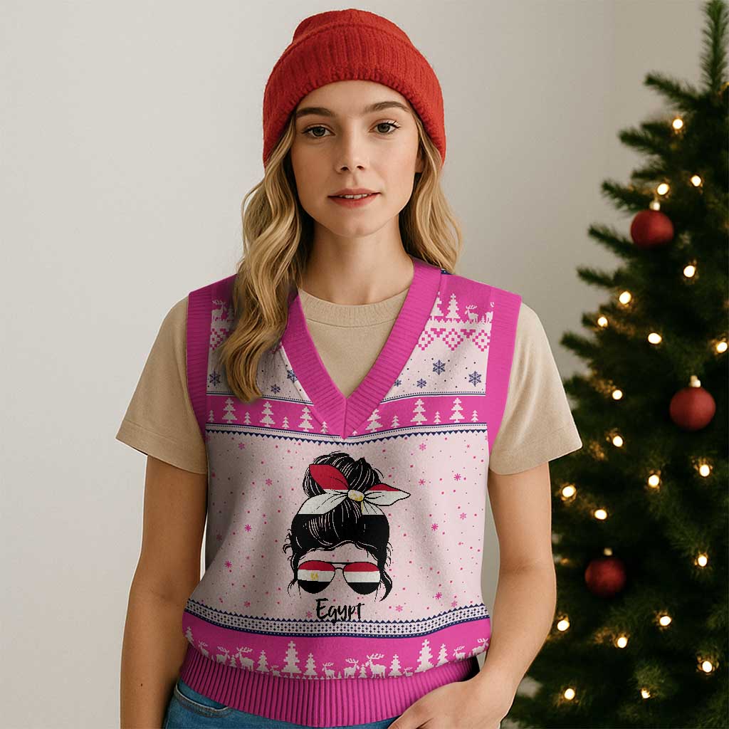 Egyptian Flag Messy Bun Girl V-Neck Knit Sweater Vest Patriotic Egypt Women TS02 Print Your Wear