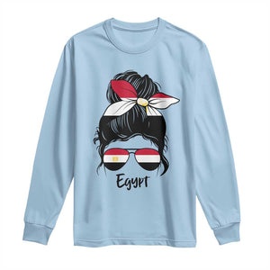 Egyptian Flag Messy Bun Girl Long Sleeve Shirt Patriotic Egypt Women TS02 Light Blue Print Your Wear