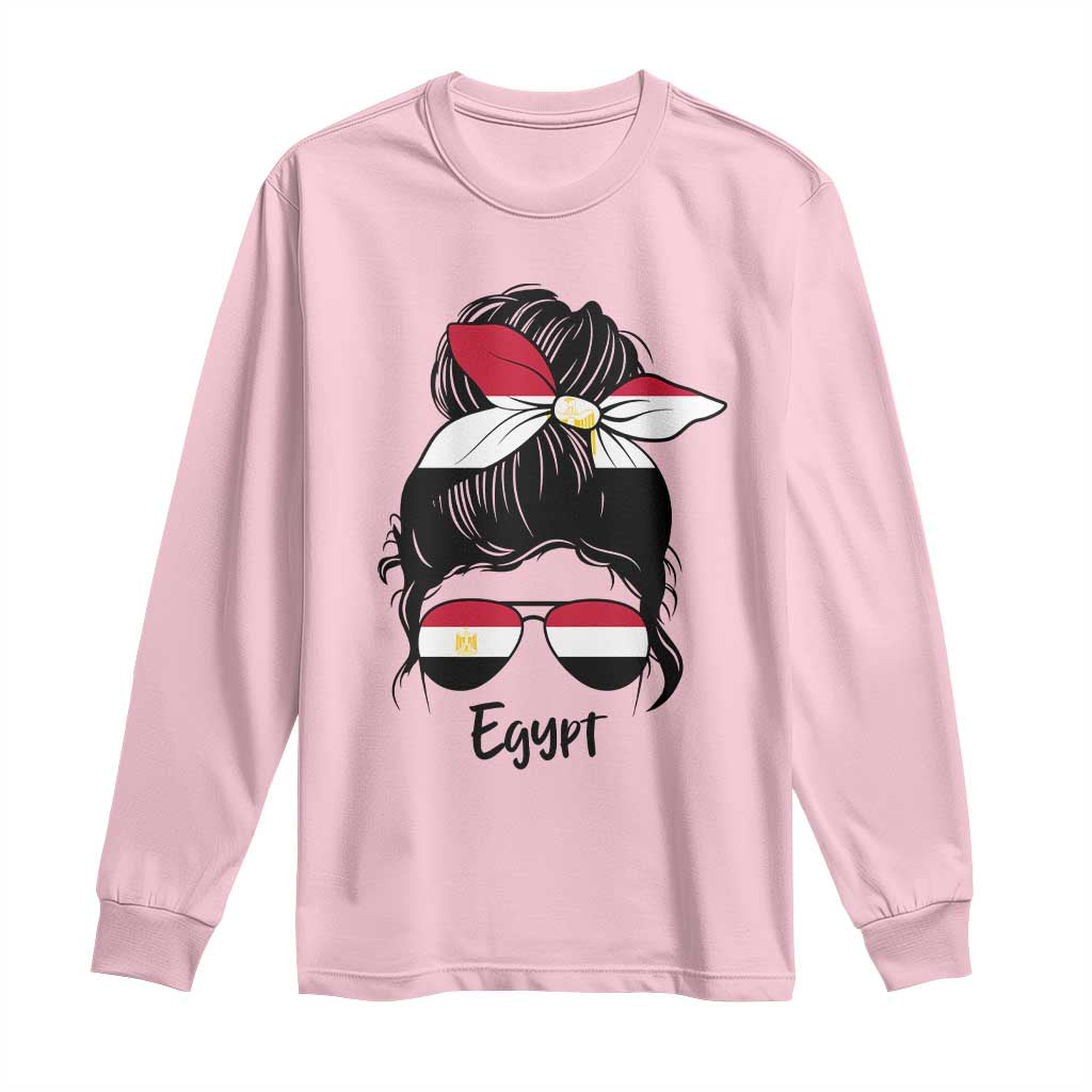 Egyptian Flag Messy Bun Girl Long Sleeve Shirt Patriotic Egypt Women TS02 Light Pink Print Your Wear