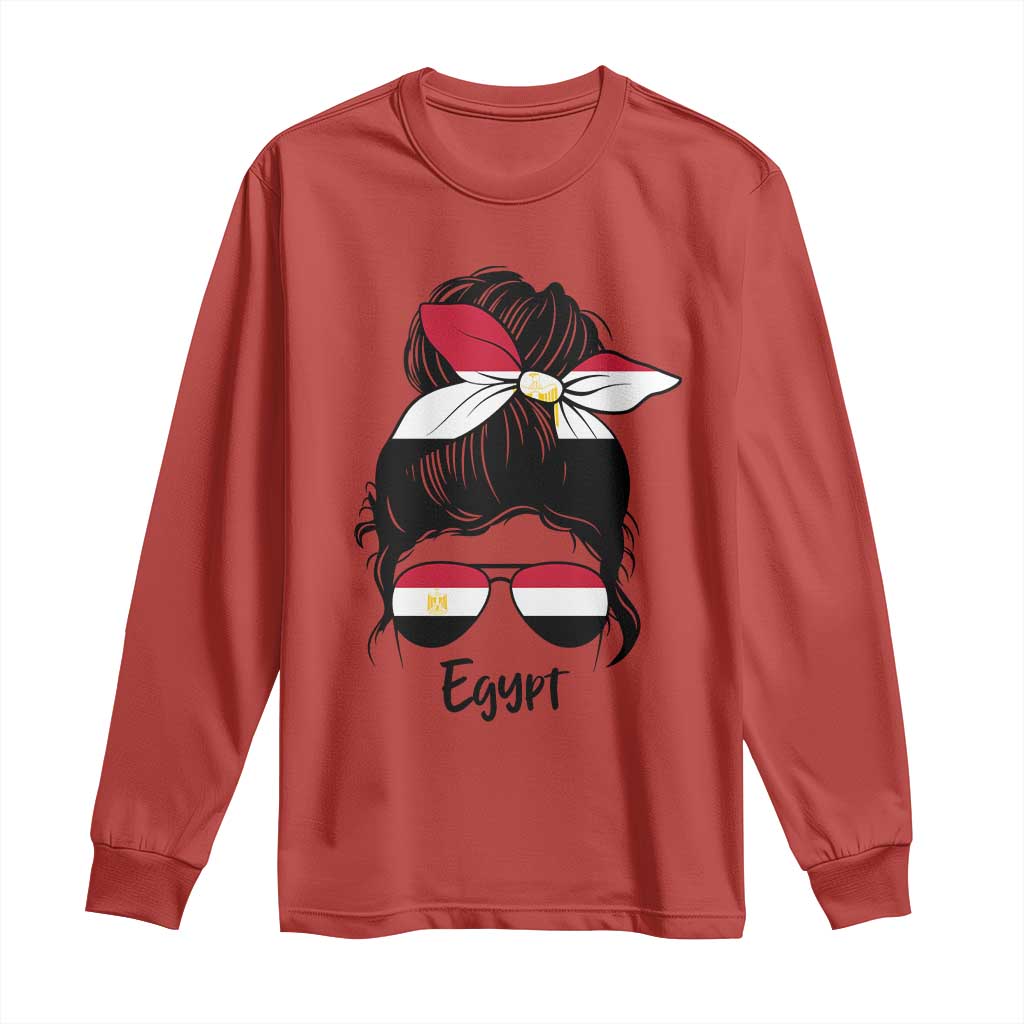 Egyptian Flag Messy Bun Girl Long Sleeve Shirt Patriotic Egypt Women TS02 Red Print Your Wear