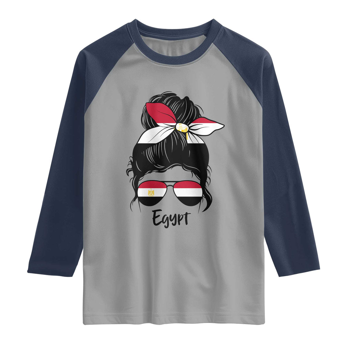 Egyptian Flag Messy Bun Girl Raglan Shirt Patriotic Egypt Women TS02 Sport Gray Navy Print Your Wear