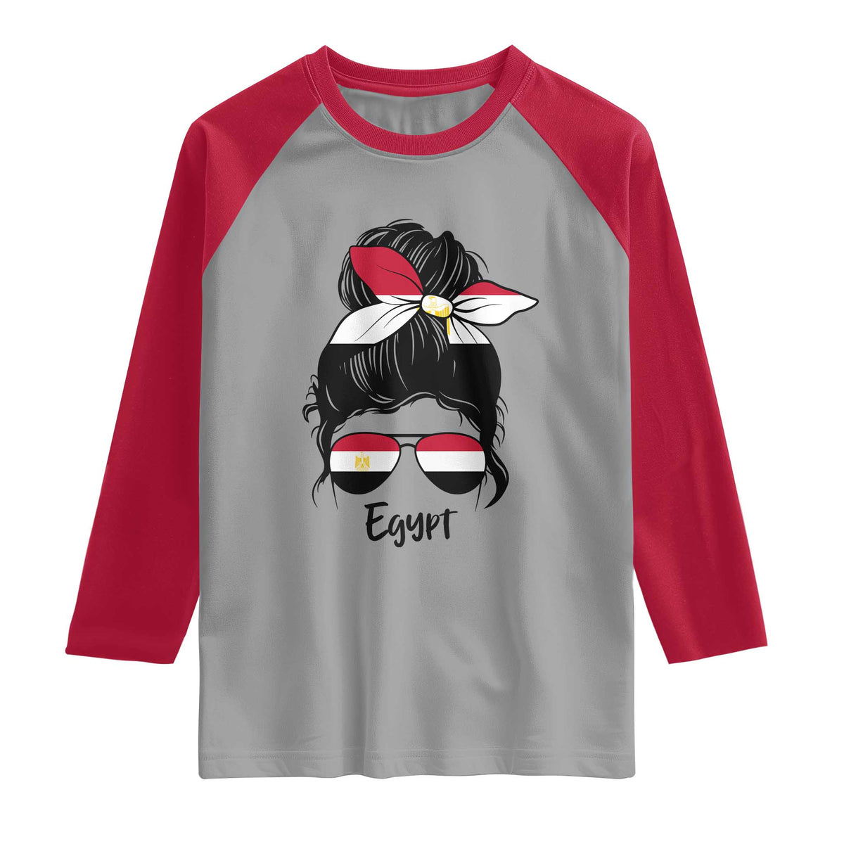Egyptian Flag Messy Bun Girl Raglan Shirt Patriotic Egypt Women TS02 Sport Gray Red Print Your Wear
