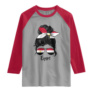 Egyptian Flag Messy Bun Girl Raglan Shirt Patriotic Egypt Women TS02 Sport Gray Red Print Your Wear