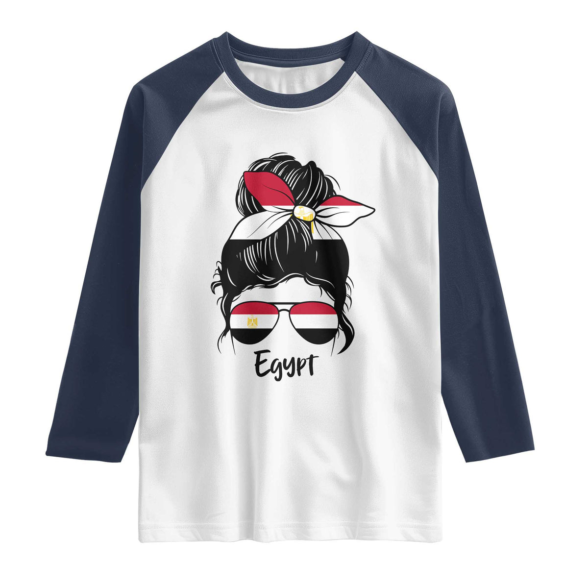 Egyptian Flag Messy Bun Girl Raglan Shirt Patriotic Egypt Women TS02 XS White Navy Print Your Wear