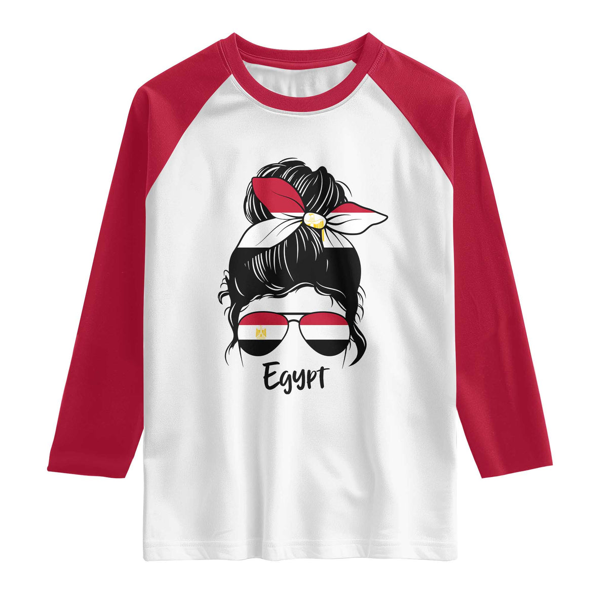 Egyptian Flag Messy Bun Girl Raglan Shirt Patriotic Egypt Women TS02 White Red Print Your Wear