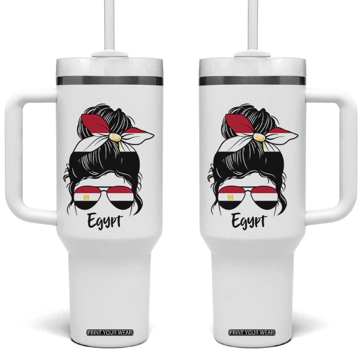 Egyptian Flag Messy Bun Girl Tumbler With Handle Patriotic Egypt Women TS02 One Size: 40 oz White Print Your Wear