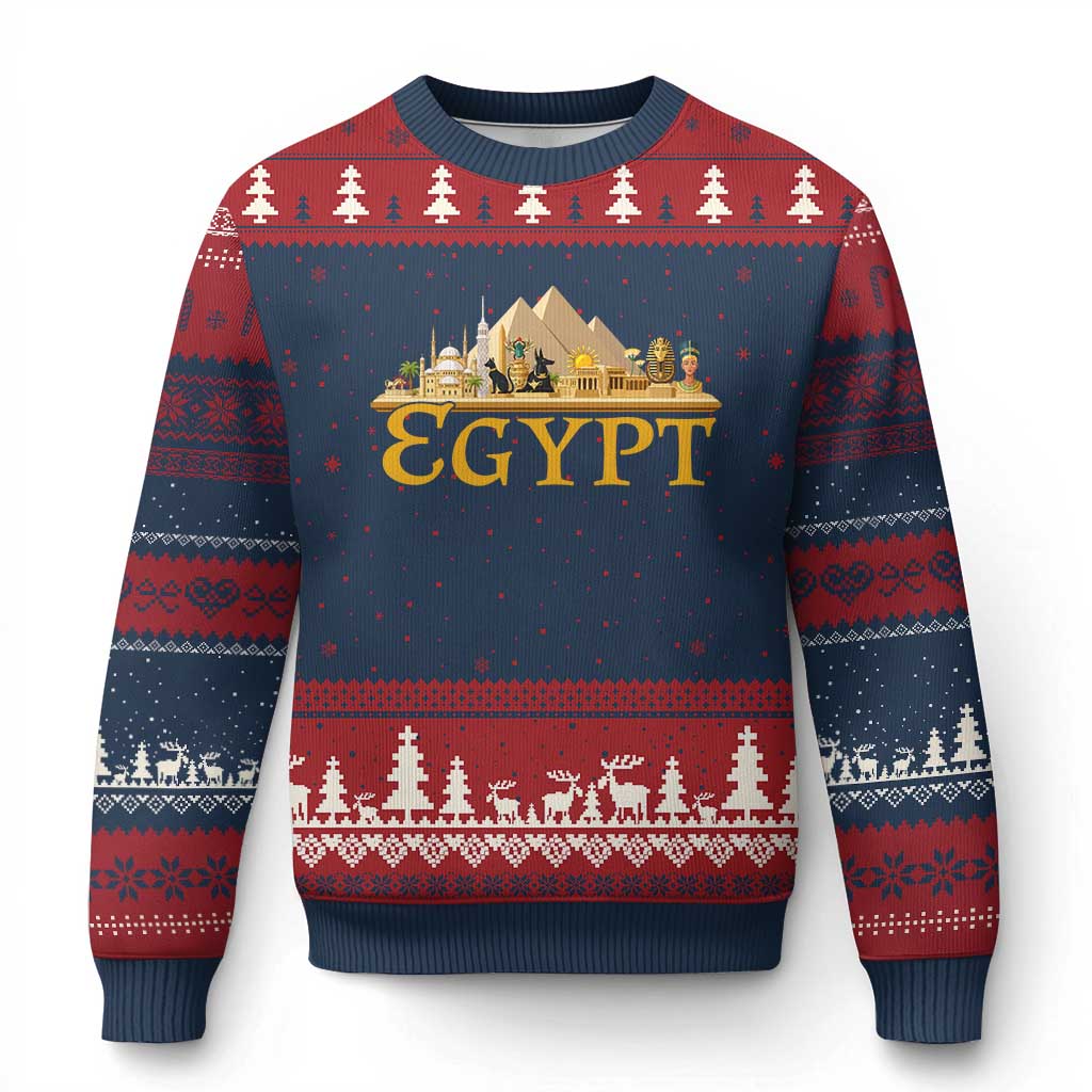 Ancient Egypt Pyramids Sphinx Graphic Ugly Christmas Sweater Vintage Egypt Anubis History Buff Travel Souvenir TS02 Navy Red Print Your Wear