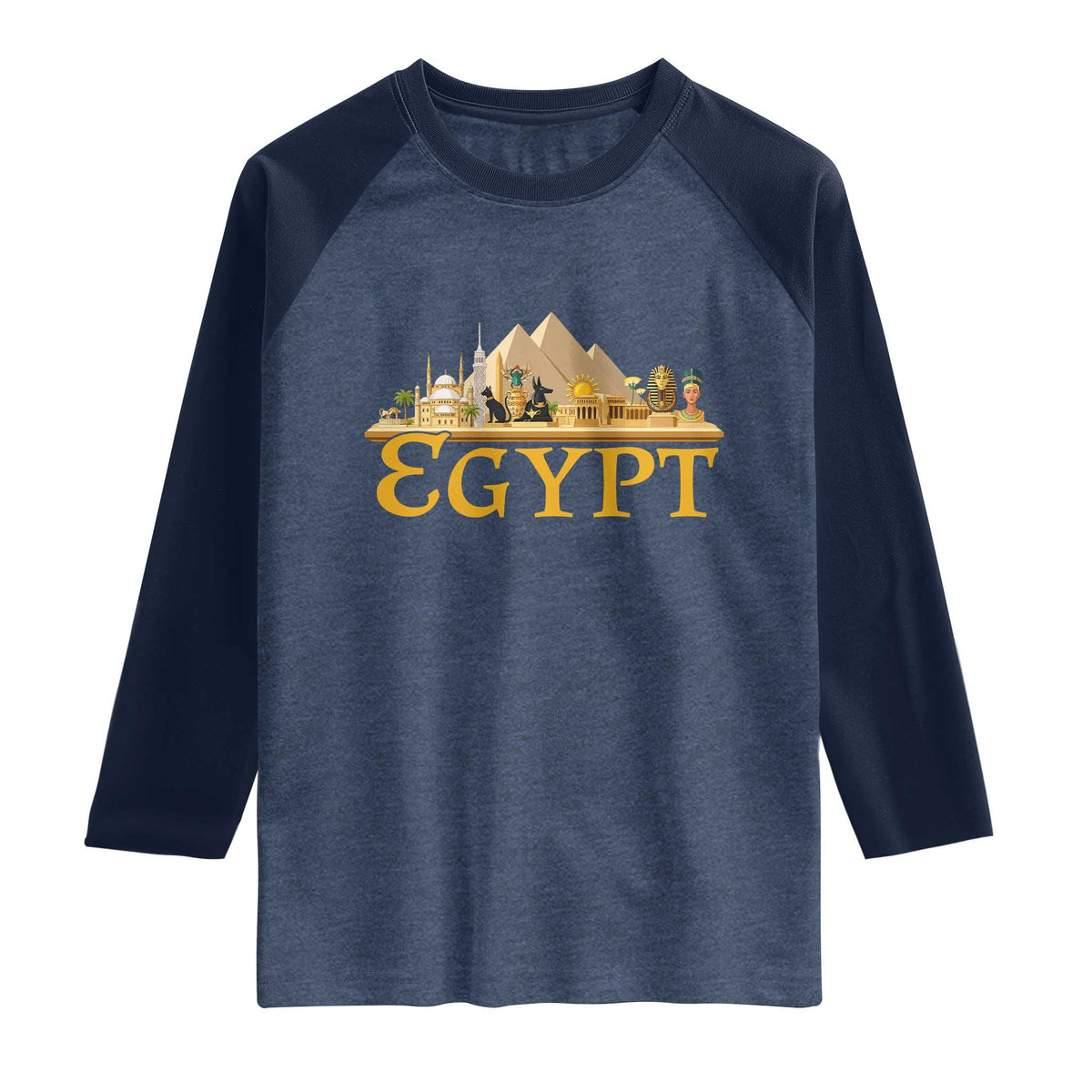 Ancient Egypt Pyramids Sphinx Graphic Raglan Shirt Vintage Egypt Anubis History Buff Travel Souvenir TS02 Heather Denim Navy Print Your Wear