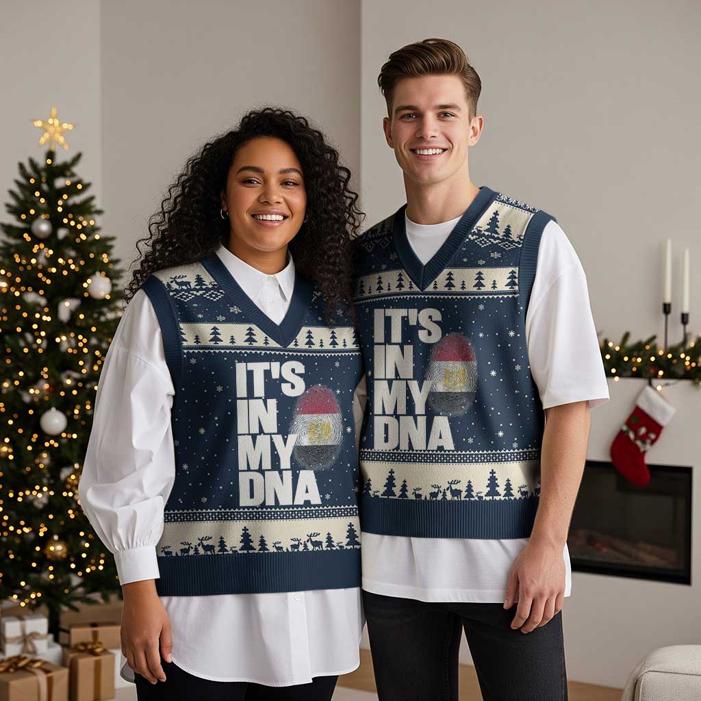 Egypt It's In My DNA Flag Fingerprint Graphic V-Neck Knit Sweater Vest Egyptian Heritage Pride Roots TS02 Navy Beige Print Your Wear