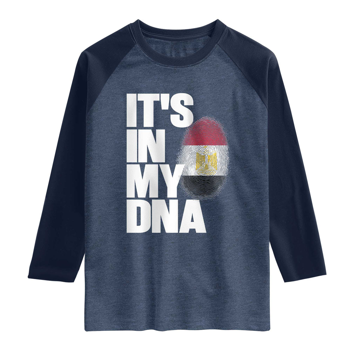 Egypt It's In My DNA Flag Fingerprint Graphic Raglan Shirt Egyptian Heritage Pride Roots TS02 Heather Denim Navy Print Your Wear