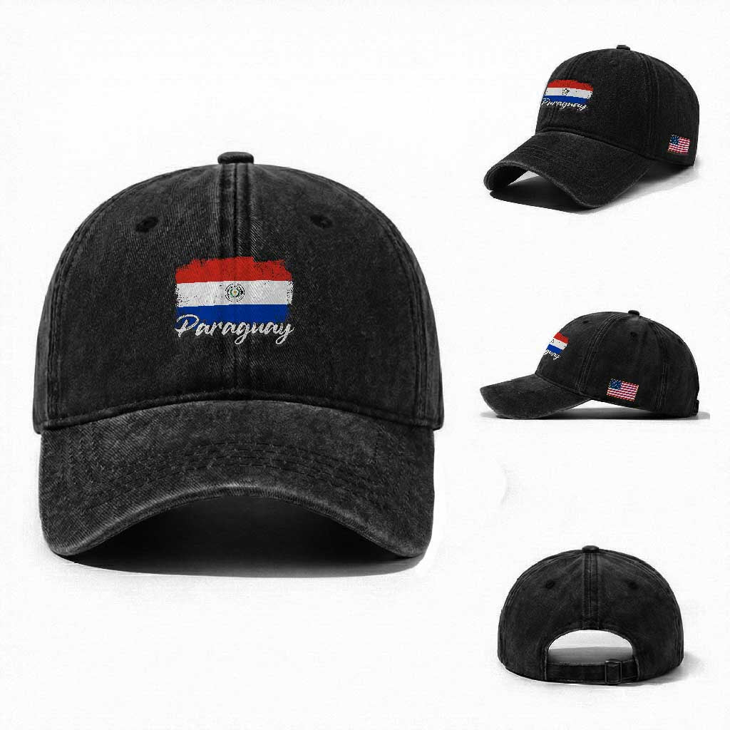 Vintage Paraguay Flag Paraguaya Heritage Pride Roots Washed Cotton Baseball Cap TS02 Washed Cap Universal Fit Black Print Your Wear