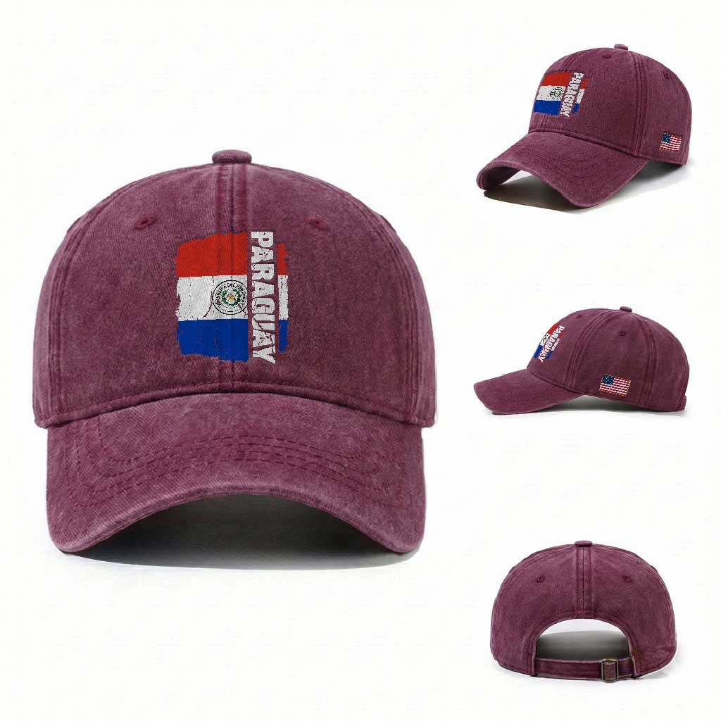 Paraguay Proud Roots Vintage Paraguaya Flag Heritage Pride Washed Cotton Baseball Cap TS02 Washed Cap Universal Fit Burgundy Print Your Wear