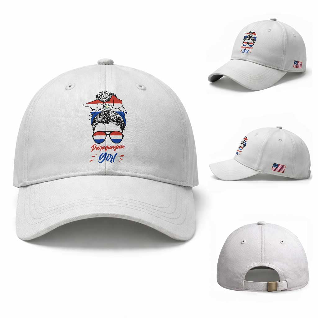 Proud Paraguayan Girl Messy Bun Bandana Aviator Sunglasses Baseball Cap Paraguay Heritage Roots HispanicLatina Pride TS02 Baseball Cap Universal Fit White Print Your Wear