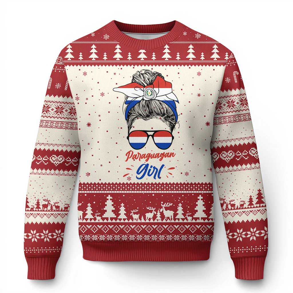 Proud Paraguayan Girl Messy Bun Bandana Aviator Sunglasses Ugly Christmas Sweater Paraguay Heritage Roots HispanicLatina Pride TS02 Beige Red Print Your Wear