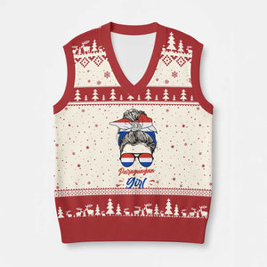 Proud Paraguayan Girl Messy Bun Bandana Aviator Sunglasses V-Neck Knit Sweater Vest Paraguay Heritage Roots HispanicLatina Pride TS02 Beige Red Print Your Wear