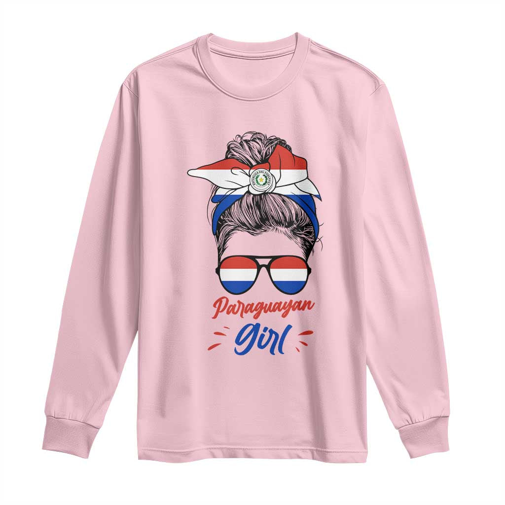 Proud Paraguayan Girl Messy Bun Bandana Aviator Sunglasses Long Sleeve Shirt Paraguay Heritage Roots HispanicLatina Pride TS02 Light Pink Print Your Wear