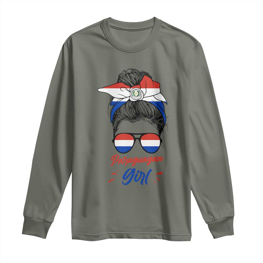 Proud Paraguayan Girl Messy Bun Bandana Aviator Sunglasses Long Sleeve Shirt Paraguay Heritage Roots HispanicLatina Pride TS02 S Military Green Print Your Wear