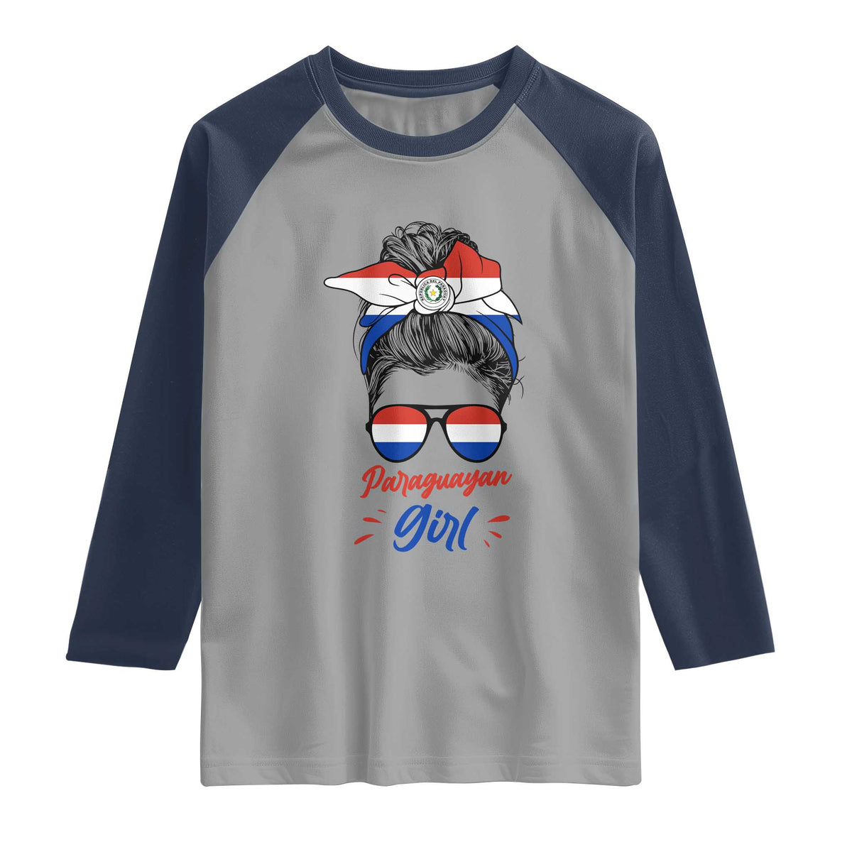 Proud Paraguayan Girl Messy Bun Bandana Aviator Sunglasses Raglan Shirt Paraguay Heritage Roots HispanicLatina Pride TS02 Sport Gray Navy Print Your Wear