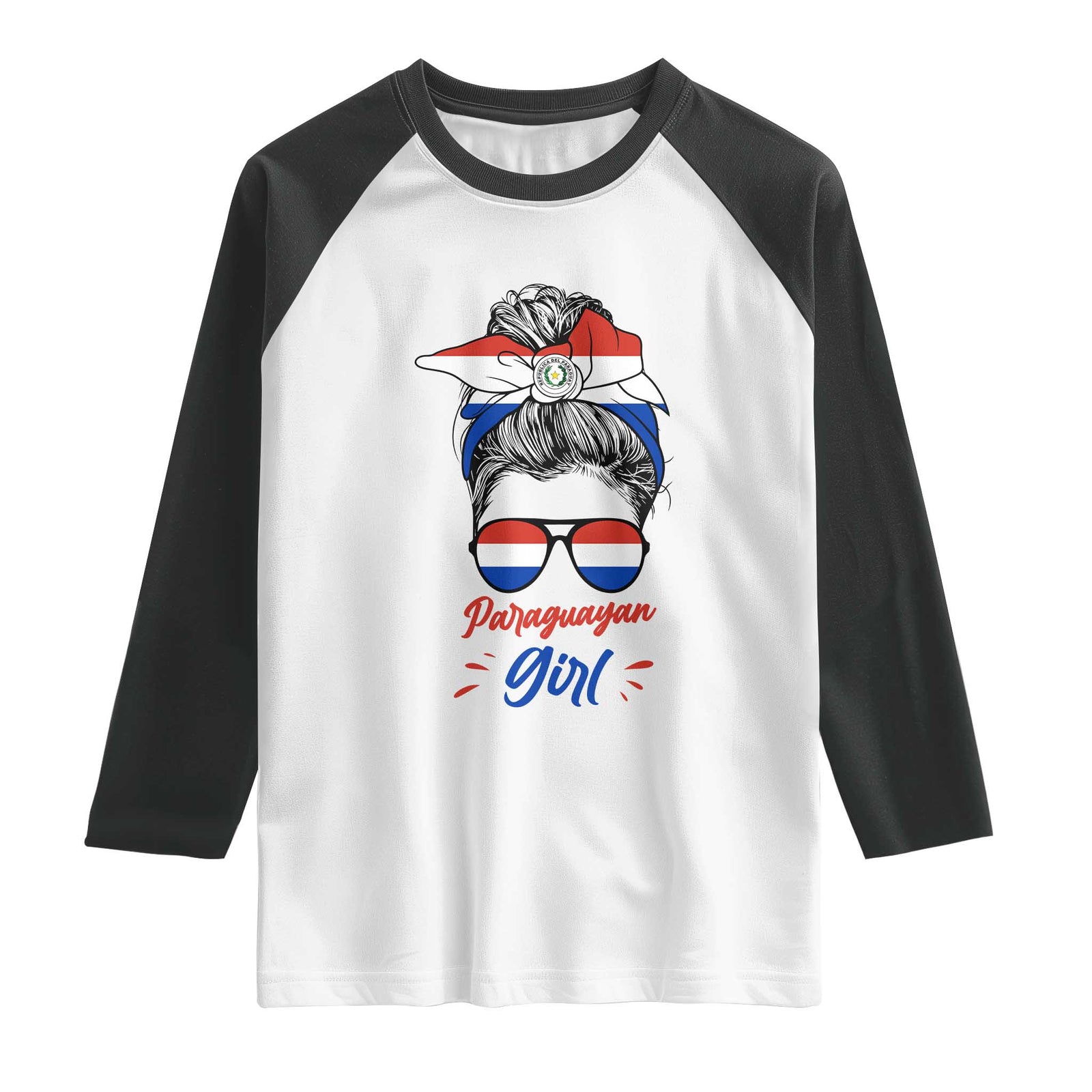 Proud Paraguayan Girl Messy Bun Bandana Aviator Sunglasses Raglan Shirt Paraguay Heritage Roots HispanicLatina Pride TS02 White Black Print Your Wear