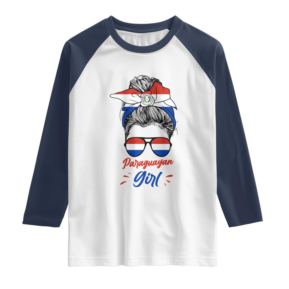 Proud Paraguayan Girl Messy Bun Bandana Aviator Sunglasses Raglan Shirt Paraguay Heritage Roots HispanicLatina Pride TS02 XS White Navy Print Your Wear
