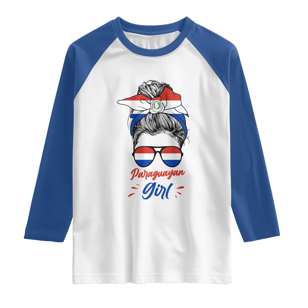 Proud Paraguayan Girl Messy Bun Bandana Aviator Sunglasses Raglan Shirt Paraguay Heritage Roots HispanicLatina Pride TS02 White Royal Print Your Wear