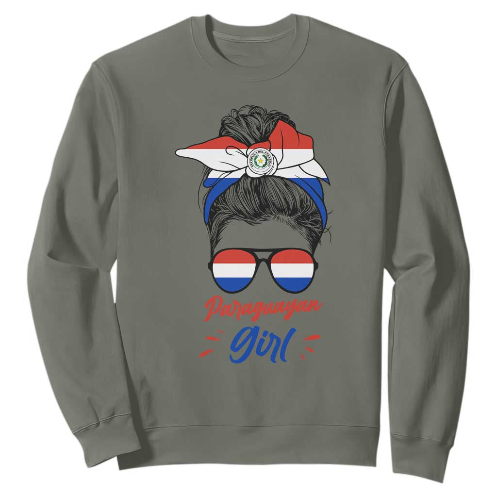 Proud Paraguayan Girl Messy Bun Bandana Aviator Sunglasses Sweatshirt Paraguay Heritage Roots HispanicLatina Pride TS02 S Military Green Print Your Wear
