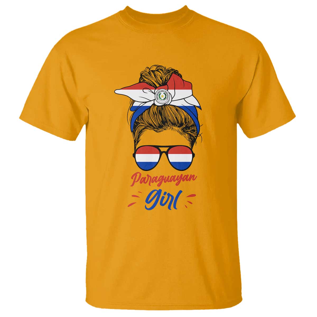 Proud Paraguayan Girl Messy Bun Bandana Aviator Sunglasses T Shirt Paraguay Heritage Roots HispanicLatina Pride TS02 Gold Print Your Wear