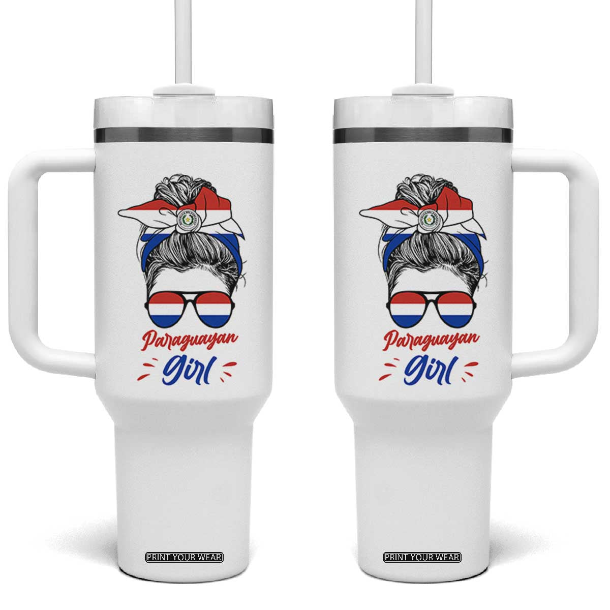 Proud Paraguayan Girl Messy Bun Bandana Aviator Sunglasses Tumbler With Handle Paraguay Heritage Roots HispanicLatina Pride TS02 One Size: 40 oz White Print Your Wear