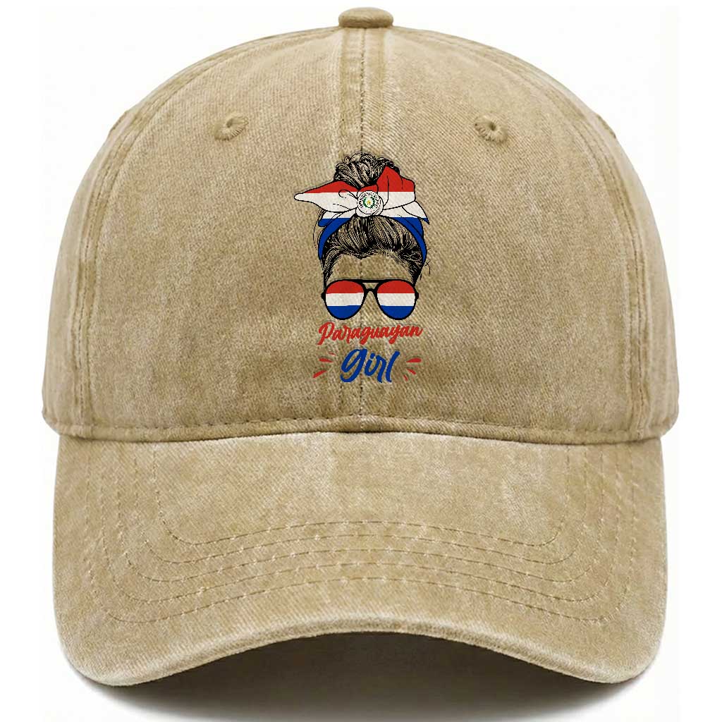 Proud Paraguayan Girl Messy Bun Bandana Aviator Sunglasses Washed Cotton Baseball Cap Paraguay Heritage Roots HispanicLatina Pride TS02 Print Your Wear