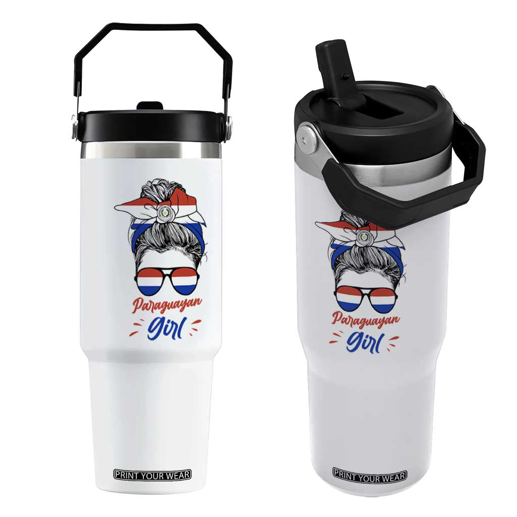 Proud Paraguayan Girl Messy Bun Bandana Aviator Sunglasses Flip Straw Tumbler Paraguay Heritage Roots HispanicLatina Pride TS02 One Size: 30 oz White Print Your Wear