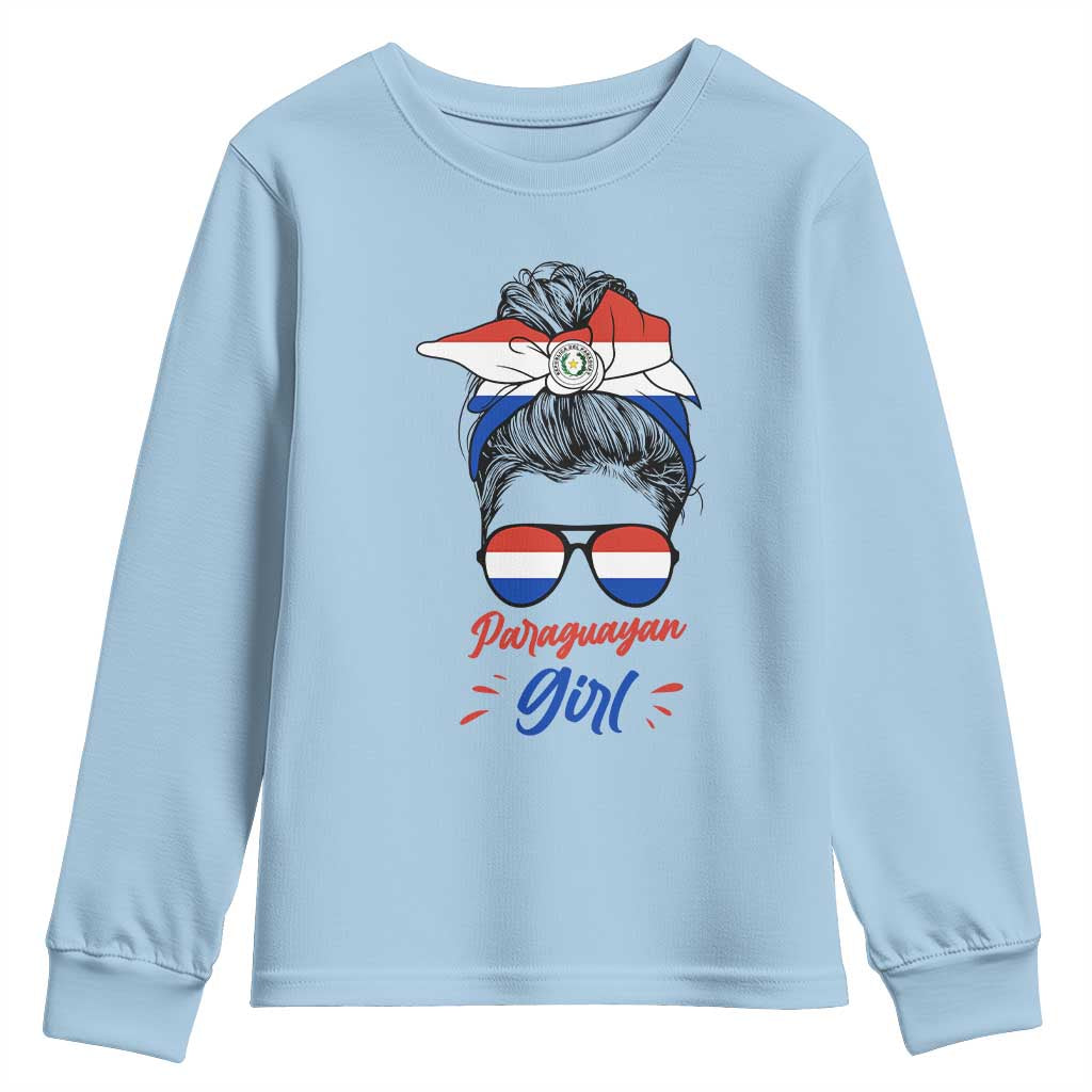 Proud Paraguayan Girl Messy Bun Bandana Aviator Sunglasses Youth Sweatshirt Paraguay Heritage Roots HispanicLatina Pride TS02 Light Blue Print Your Wear