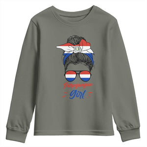 Proud Paraguayan Girl Messy Bun Bandana Aviator Sunglasses Youth Sweatshirt Paraguay Heritage Roots HispanicLatina Pride TS02 Military Green Print Your Wear